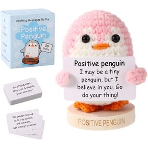 Positive Penguin with Base, Emotional Plush Positive Support Wool Crochet Penguin Knitted Toy Cheering Up Gift for Friends Families Christmas Birthday Party Decoration (Pink)