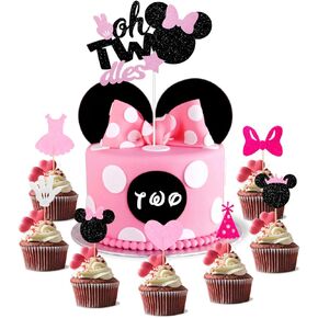 مجموعة من 29 ميني ميني "يا تودليس" الكعكة أعلى القبعات والكب كيك ، Glitter Minnie Girl Birthday Party Favors لزخارف حفلات الطفل