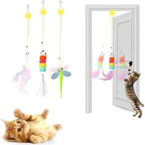 2025 New 6 Pcs Interactive Feather Cat Toys, Cat Teaser Retractable Indoor Cat Toy Self Play Hanging Cat Toy,Cat Toy Indoor Kitten Play Chase Fun Exercise, Mental Physical Stimulation
