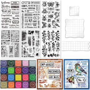29 PCS Acrylic Stamps لصياغة لوازم صنع البطاقات ، تشمل 3 كتل طوابع أكريليك واضحة ، 6 أختام ختم سيليكون صافية ، 20 منصات الحبر الحرفية لمجلة DIY Scrapbooking Journal
