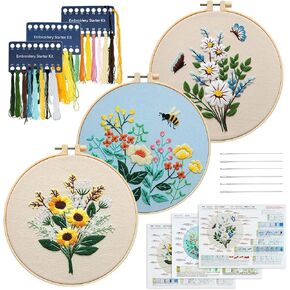 XM-GENYUE 3 Sets Bee Butterfly and Flower Embroidery Starter Kit with Patterns and Instructions, DIY Cross Stitch Sewing Set for Beginners and Adults