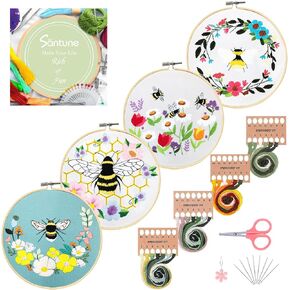 Santune 4 Pack Embroidery Kit for Beginners Adults with Bee Embroidery Pattern, Cross Stitch Kits with Instructions DIY Special Creative Gift Include 2 Embroidery Hoops,Threads and Needles