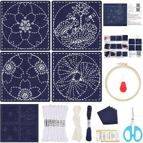 FreeBloss 4 Set Sashiko Coasters DIY Kit مع تعليمات مسبقًا مجموعة Sashiko المطبوعة للمبتدئين Cherry Blossom Sashiko Practice Project Lotus Embroidery Kit Sashiko Clother Coaster for Housewarming