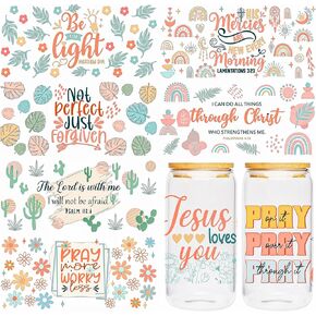 UV DTF CUP WRAP - 8 SHOETS BOHO BIBLE UV Transfer Transfer Transfer for 16 Oz Glass ، Boho Retro ، Quotes Inspiration