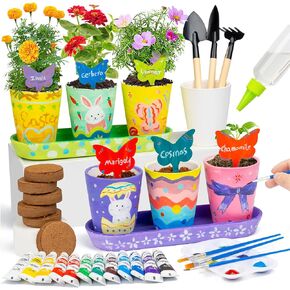 Kids Gardening Set Paint and Plant Stoneware Flower Growing Kit with 6 Pots and Gardening Tools Arts and Crafts for Kids Ages 8-12 Best Easter Gifts for Girls Boys Ages 5 6 7 8 9 10