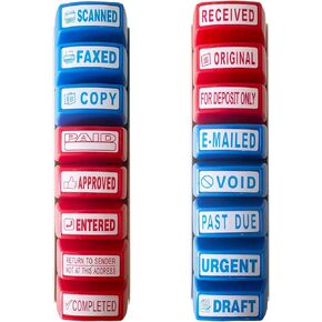 16 PCS Office Stamps مجموعة ، ختم الأعمال المطاطية الحبر بالحبر الأحمر والأزرق ، نسخ مستحضر ممسوح بالفاكس المعتمد من الرسائل المكتملة مع علبة التخزين