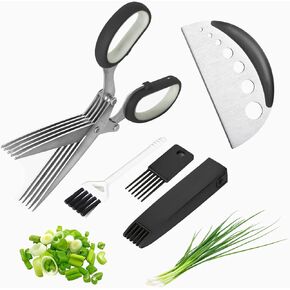 Herb Scissors Salad Scissors, Upgrade Herb Scissors with 5 Blades and Cover + 2 Brush, Kitchen Salad Scissors with Herb Stripping, Multi Scissors Herb Cutter, Smart Cutter Food Scissors Chopper, Blue
