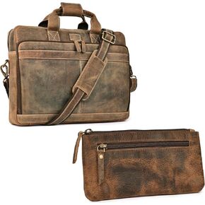 LEATHER VILLAGE Leather messanger bag Borwn color with Leather Pouch for Pencil - Set of 2 Laptop Bag & Pencil Case