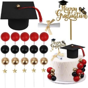 Graduation Cake Toppers - Graduation Cap Diploma Balls Congrats Grad Cake Decorations for 2025 High School College Senior Graduation Supplies (Black Gold White)
