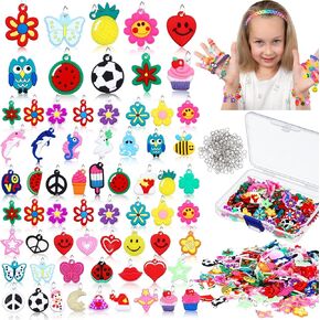 Hanaive 400 Pcs Rubber Band Bracelet Charms Rainbow Silicone Rubber Loom Band Charms Summer Colorful Jewelry Bracelet Making Kit DIY Necklace Pendant with 400 Pcs Opening Rings for DIY Craft