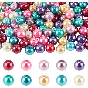 PH PandaHall 12mm Pearlized Glass Beads, 100pcs Mixed Color Dyed Round Satin Luster Faux Pearl Beads for Jewelry Craft Making Vase Fillers