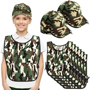 Unittype 12 PCS Army Soldier Costume تشمل 6 قبعات عسكرية مموهة و 6 سترات مموهة للأطفال عيد ميلاد حفل تأثيري لحفلات الأزياء اللباس العزف للأطفال الذين تتراوح أعمارهم بين 6-12
