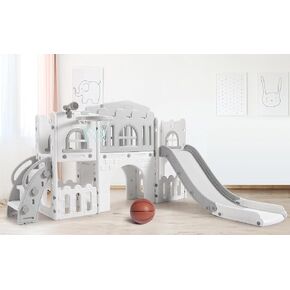 8-in-1 Toddler Indoor Playground with Slide: Baby Slide Playset for Toddlers Ages 1-3 Outdoor Play, Kids Slide Includes Basketball Hoop, Climber, Crawling Tunnel, Telescope, Toy Storage