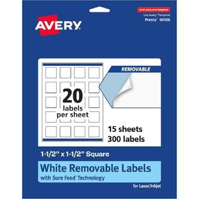 Avery Matte White White Dequable Deque مع تقنية الأعلاف المؤكدة ، والطباعة إلى الحافة ، و 1.5 "× 1.5" ، و 300 ملصقات قابلة للإزالة ، وعلامات ليزر/حبر قابلة للطباعة
