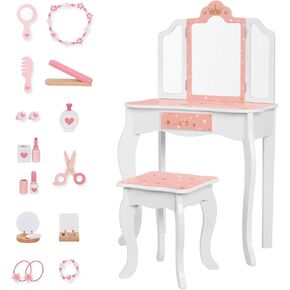 Kids Vanity Set,Table & Chair Vanity Set with Mirror（Includes 15 pcs Multiple Make up Accessories, Makeup Dressing Table with Storage Drawer, Pink