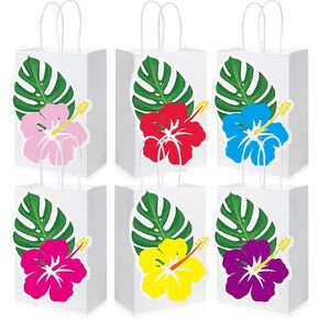 Kolldenn 24 PCS حقائب هدايا حزب الكركديه هاواي تحت عنوان أكياس كرافت مع مقابض أوراق النخيل الاستوائية زهور الزهور الصيفية لولا