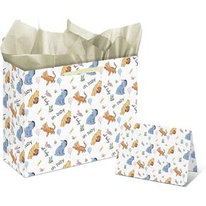Guawubiang 1PCS Classic Winnie Gift Bag with Double-sided Card and Tissue Paper, Winnie Decor Gift Bags with Handle, the Pooh Baby Shower Decor, Baby Shower Party Decorations Supplies(13 inch)