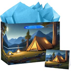 SUNDECO Large Camping Party Gift Bag with Tissue Paper and Greeting Card Camping Theme for Boys Girls Adventure Wrapping Paper Bag Outdoor Birthday Party Supplies