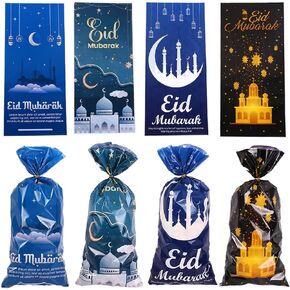 Kymy 100pcs عيد مبارك من الأكياس البلاستيكية ، رمضان المسلمين يعالج أكياس الحلوى مع تويست علاقات ، عيد رمضان موبارك التجميل للزخارف الحج مهرجان الحج