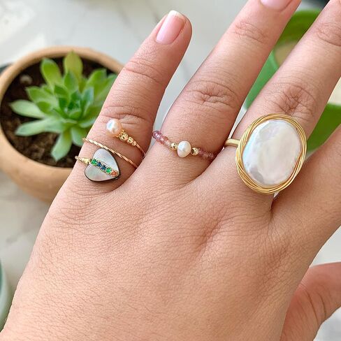 Handmade abalone shell ring with adjustable opening and 14k gold-plated material (Single) in Kuwait