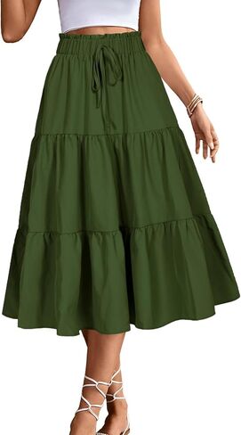 BARASA Summer Women's Midi Skirts Boho High Elastic Waist Fake Drawstring Floral Print A line Casual Cute Skirt D626 in Kuwait