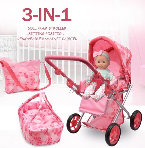 Baby Doll Convertible Pram Stroller with Removable Travel Bassinet Carrier for Kids Adjustable Handle Buggy Carriage with Canopy and Storage Basket 25 Inch Purple in Saudi Arabia