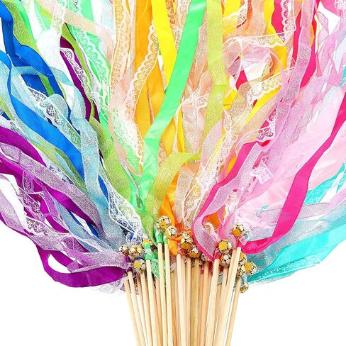 40 Pieces Ribbon Wedding Streamers with Bells, Lace Fairy Stick Wand Party Streamers Chromatic Silk Streamers for Party, Birthday and Holiday in Kuwait
