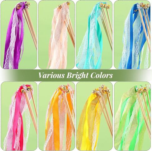 40 Pieces Ribbon Wedding Streamers with Bells, Lace Fairy Stick Wand Party Streamers Chromatic Silk Streamers for Party, Birthday and Holiday in Kuwait