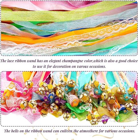 40 Pieces Ribbon Wedding Streamers with Bells, Lace Fairy Stick Wand Party Streamers Chromatic Silk Streamers for Party, Birthday and Holiday in Kuwait