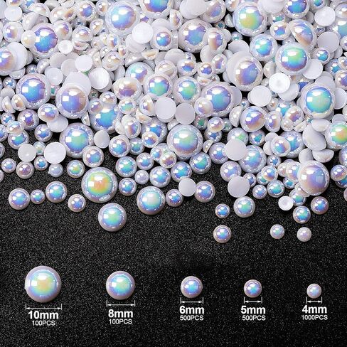 Pagow 2200pcs ABS Half Round Pearl ، 4 مم / 5 مم / 6 مم / 8 مم / 10 مم حجم المزيج الراتنج الأبيض فو لامع لؤلؤة DIY الزخرفة in Kuwait
