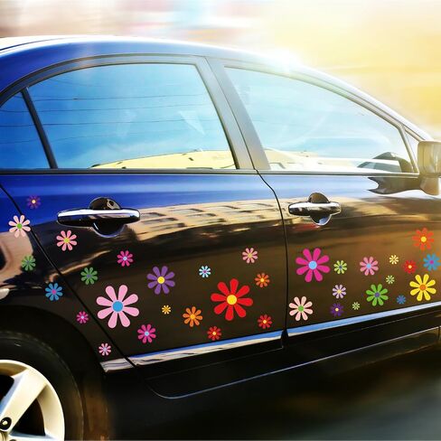 Fuutreo 12 Sheets Daisy Flower Car Decals 130 Pcs Daisy Stickers Hippie Car Decals Self Adhesive Vinyl Decals Retro Butterfly Flower Decals for Car Bumper Mirror Window Clings Laptop Wall Decoration in Kuwait
