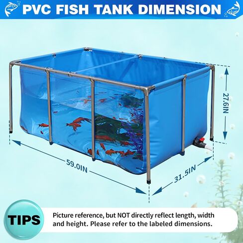 PVC KOI Aquarium Tank, Temporary Fish Tank with Clear Viewing Panel, KOI/Goldfish Pond with 304SS Frame & Drain Valve(47.3" L*31.5" W*23.6" H, About 135Gal Water Capacity) in Kuwait