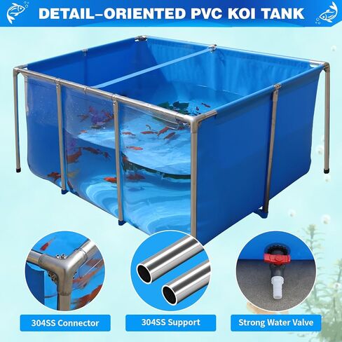 PVC KOI Aquarium Tank, Temporary Fish Tank with Clear Viewing Panel, KOI/Goldfish Pond with 304SS Frame & Drain Valve(47.3" L*31.5" W*23.6" H, About 135Gal Water Capacity) in Kuwait