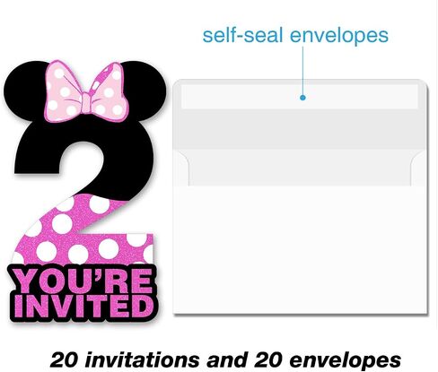 brayqu Mouse Girl 2nd Birthday Party Invitations Pink Glitter Mouse 2 Year Old Girls Birthday Shaped Invitations Fill-in Second Birthday Invites (20 Invitation Cards with Envelopes) in Kuwait