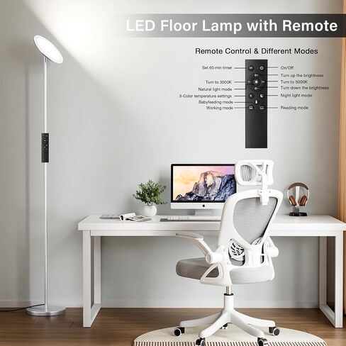 Modern LED Floor Lamp - Remote & Touch Control, 40W/2400LM Sky Torchiere Standing Lamp, Fully Dimmable, 3 Color Temperatures, Ideal for Living Room & Bedroom, Easy to Assemble in Saudi Arabia