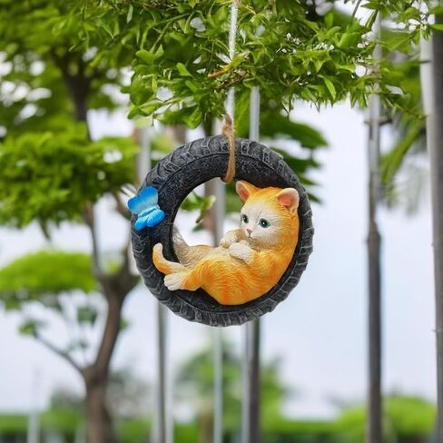 Cat Statue for Garden Hanging on Tree Branch Cat Sleeping Swing Statue Outdoor Garden Decoration,Housewarming Gift,Comes with Rope and Hook in Kuwait