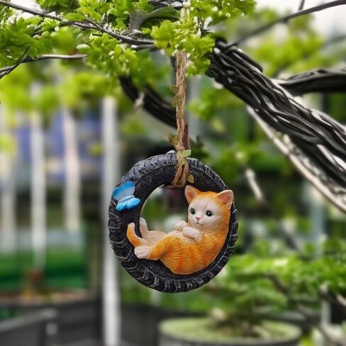 Cat Statue for Garden Hanging on Tree Branch Cat Sleeping Swing Statue Outdoor Garden Decoration,Housewarming Gift,Comes with Rope and Hook in Kuwait