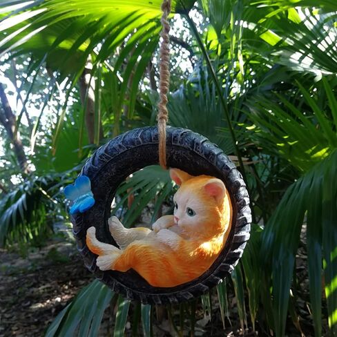 Cat Statue for Garden Hanging on Tree Branch Cat Sleeping Swing Statue Outdoor Garden Decoration,Housewarming Gift,Comes with Rope and Hook in Kuwait