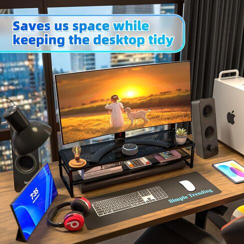 Simple Trending Dual Monitor Stand Riser, Glass Metal Computer Desk Organizer with Mouse Pad and Reusable Cable Ties for Laptop, iMac, Black in Kuwait