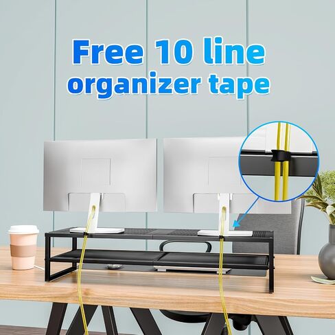 Simple Trending Dual Monitor Stand Riser, Glass Metal Computer Desk Organizer with Mouse Pad and Reusable Cable Ties for Laptop, iMac, Black in Kuwait
