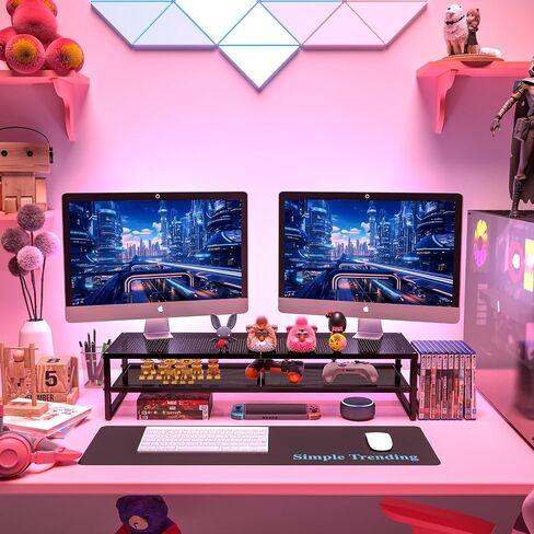 Simple Trending Dual Monitor Stand Riser, Glass Metal Computer Desk Organizer with Mouse Pad and Reusable Cable Ties for Laptop, iMac, Black in Kuwait