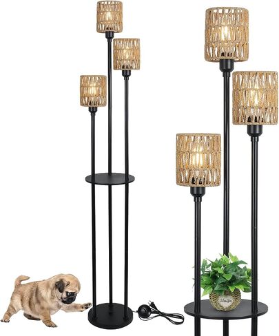 Boho Floor Lamp with Shelves, 3-Lights Farmhouse Tall Floor Lamp with ON/Off Foot Switch, Rustic Standing Lamp with Rattan Shades for Living Room Bedroom Office in Kuwait