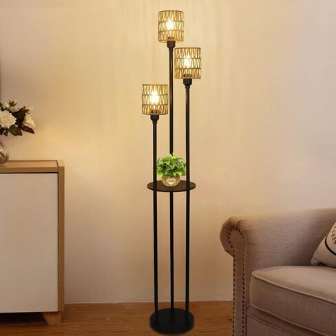 Boho Floor Lamp with Shelves, 3-Lights Farmhouse Tall Floor Lamp with ON/Off Foot Switch, Rustic Standing Lamp with Rattan Shades for Living Room Bedroom Office in Kuwait