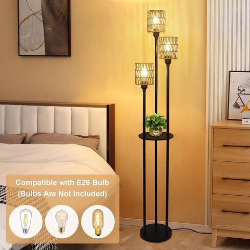 Boho Floor Lamp with Shelves, 3-Lights Farmhouse Tall Floor Lamp with ON/Off Foot Switch, Rustic Standing Lamp with Rattan Shades for Living Room Bedroom Office in Kuwait