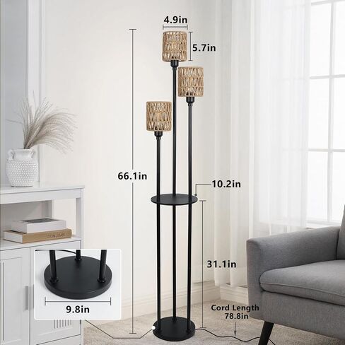 Boho Floor Lamp with Shelves, 3-Lights Farmhouse Tall Floor Lamp with ON/Off Foot Switch, Rustic Standing Lamp with Rattan Shades for Living Room Bedroom Office in Kuwait