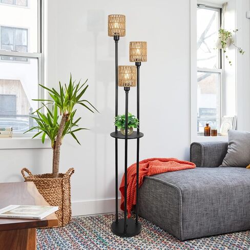 Boho Floor Lamp with Shelves, 3-Lights Farmhouse Tall Floor Lamp with ON/Off Foot Switch, Rustic Standing Lamp with Rattan Shades for Living Room Bedroom Office in Kuwait