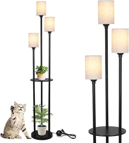Boho Floor Lamp with Shelves, 3-Lights Farmhouse Tall Floor Lamp with ON/Off Foot Switch, Rustic Standing Lamp with Rattan Shades for Living Room Bedroom Office in Saudi Arabia