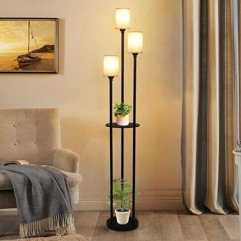 Boho Floor Lamp with Shelves, 3-Lights Farmhouse Tall Floor Lamp with ON/Off Foot Switch, Rustic Standing Lamp with Rattan Shades for Living Room Bedroom Office in Saudi Arabia