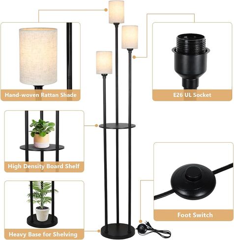 Boho Floor Lamp with Shelves, 3-Lights Farmhouse Tall Floor Lamp with ON/Off Foot Switch, Rustic Standing Lamp with Rattan Shades for Living Room Bedroom Office in Saudi Arabia