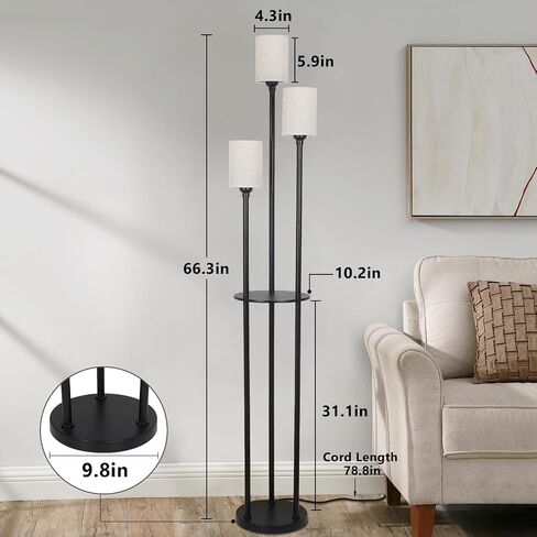 Boho Floor Lamp with Shelves, 3-Lights Farmhouse Tall Floor Lamp with ON/Off Foot Switch, Rustic Standing Lamp with Rattan Shades for Living Room Bedroom Office in Saudi Arabia